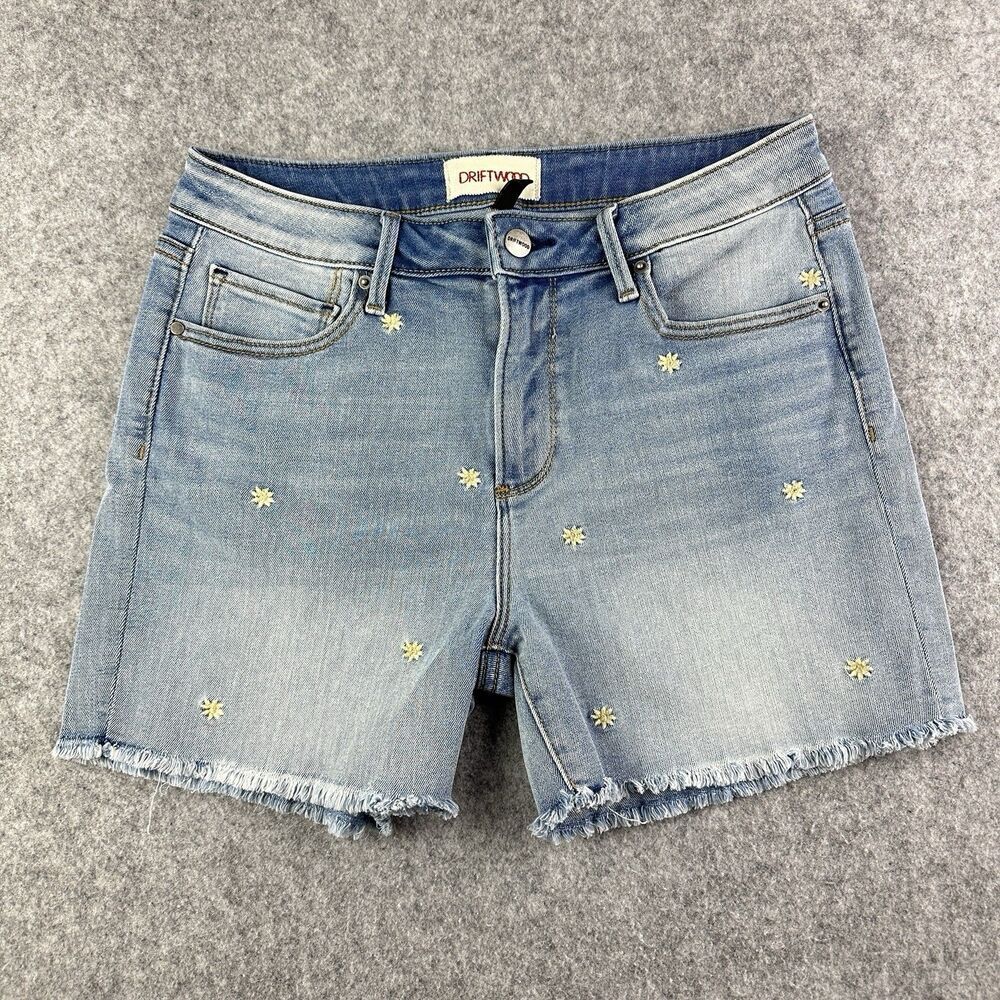 Driftwood Lulu Jean Shorts Womens 28 Floral Embroidered Cut Off Light Wash Boho
